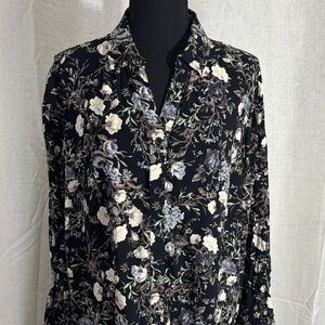 croft & barrow Black Floral Button-Front Blouse with Cream and Brown Blooms